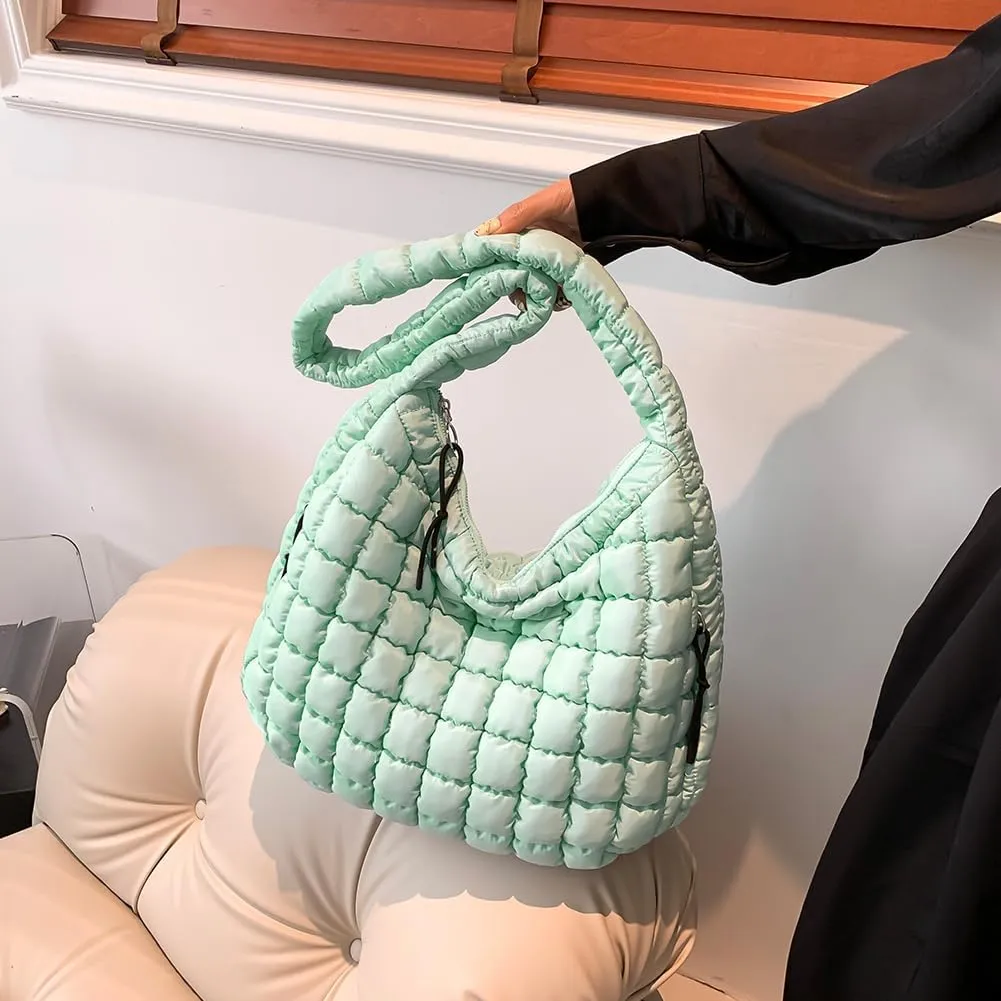 Quilted Puffer Tote Bag, Lightweight Tote Shoulder Bags with Zipper, Large Nylon Hobo Bag Soft Puffer Crossbody Bags