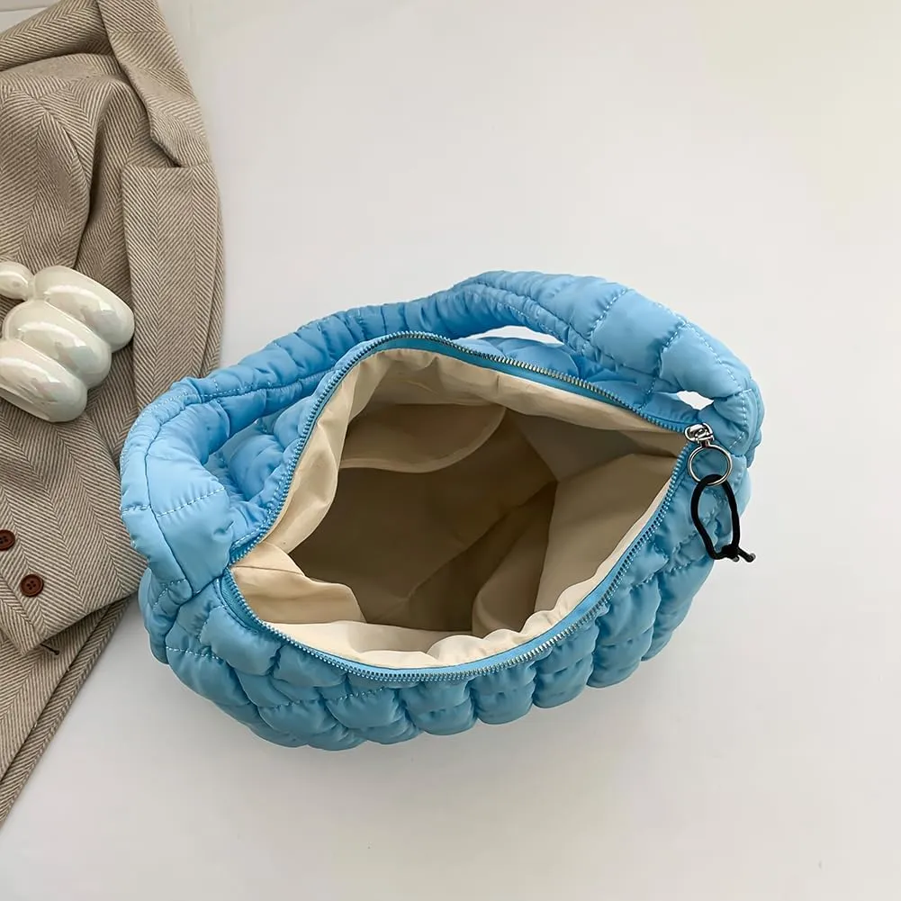 Quilted Puffer Tote Bag, Lightweight Tote Shoulder Bags with Zipper, Large Nylon Hobo Bag Soft Puffer Crossbody Bags