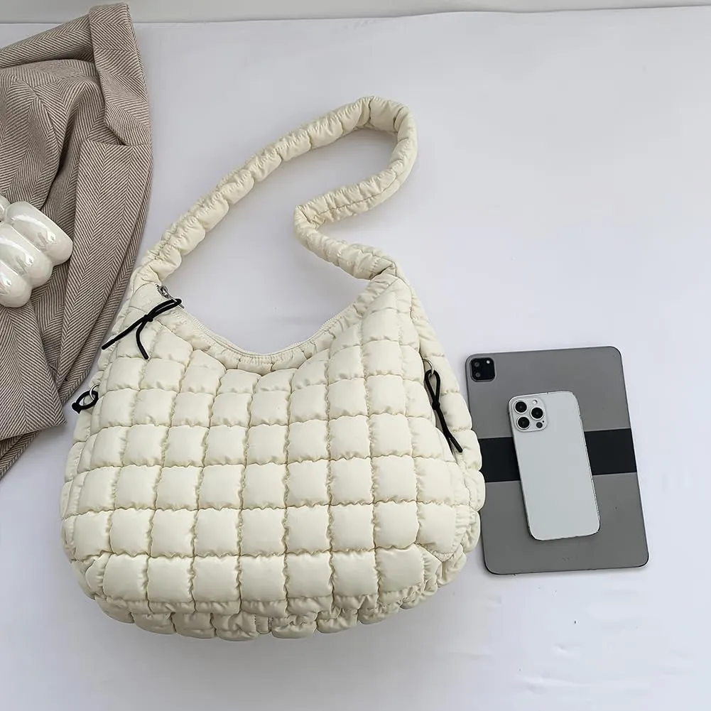 Quilted Puffer Tote Bag, Lightweight Tote Shoulder Bags with Zipper, Large Nylon Hobo Bag Soft Puffer Crossbody Bags