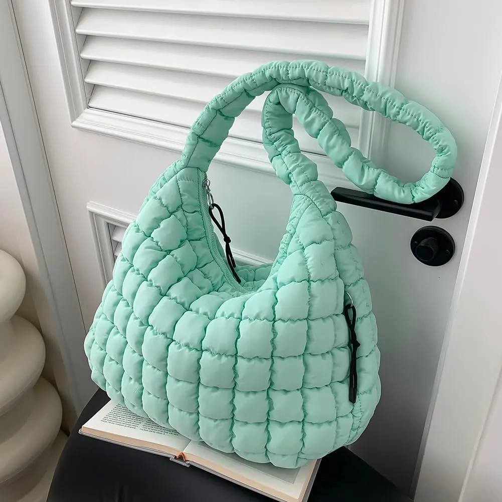 Quilted Puffer Tote Bag, Lightweight Tote Shoulder Bags with Zipper, Large Nylon Hobo Bag Soft Puffer Crossbody Bags
