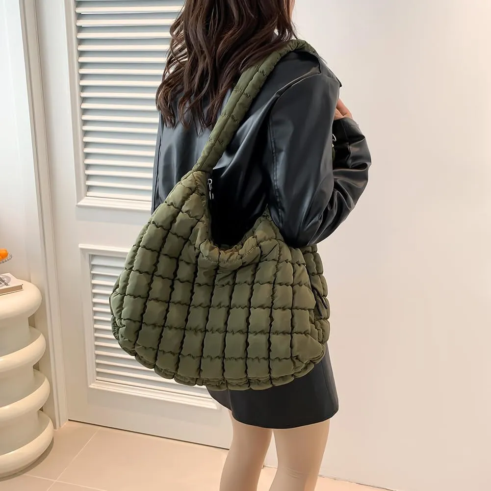 Quilted Puffer Tote Bag, Lightweight Tote Shoulder Bags with Zipper, Large Nylon Hobo Bag Soft Puffer Crossbody Bags