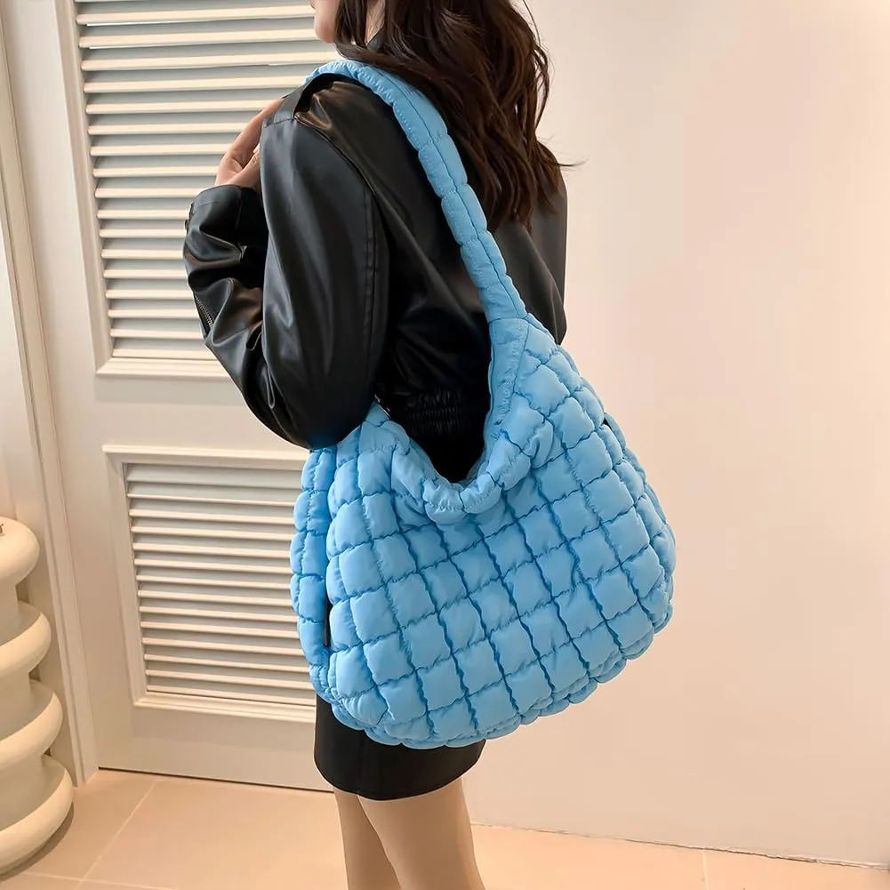 Quilted Puffer Tote Bag, Lightweight Tote Shoulder Bags with Zipper, Large Nylon Hobo Bag Soft Puffer Crossbody Bags