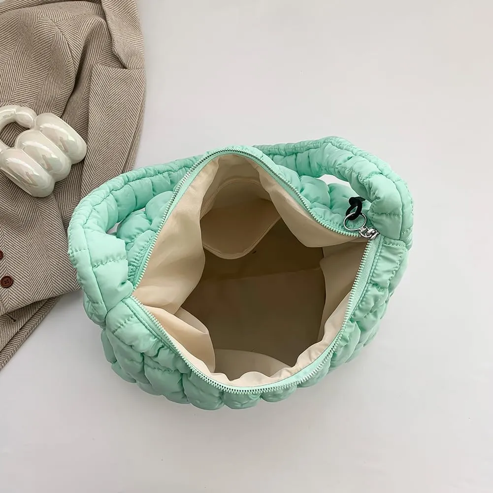 Quilted Puffer Tote Bag, Lightweight Tote Shoulder Bags with Zipper, Large Nylon Hobo Bag Soft Puffer Crossbody Bags