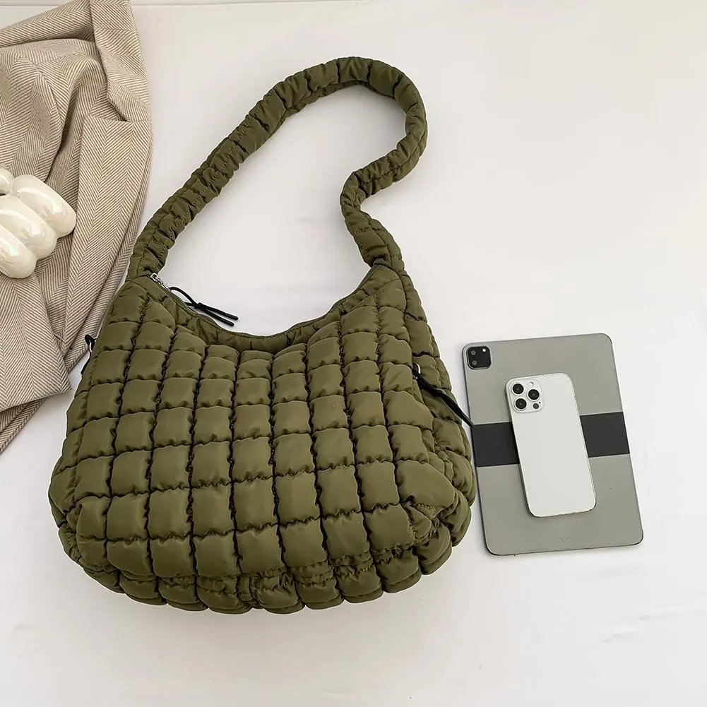 Quilted Puffer Tote Bag, Lightweight Tote Shoulder Bags with Zipper, Large Nylon Hobo Bag Soft Puffer Crossbody Bags