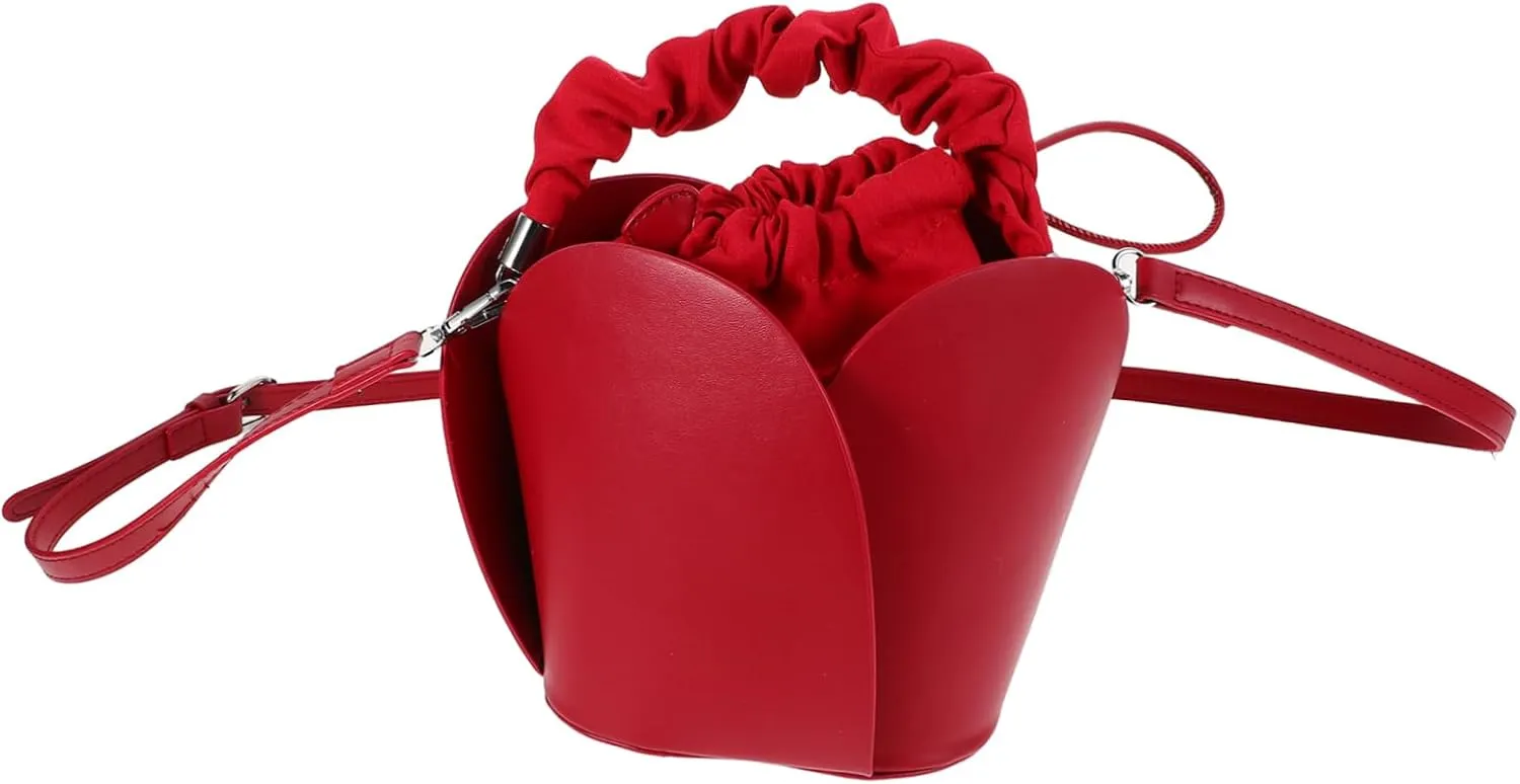 Red Fake Leather Mini Bucket Bag with Drawstring Closure Stylish Handbag for Casual Outings and Parties for Women