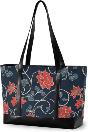 Red Traditional Floral Design simple work bag for women professional with zipper womens tote for travel with Travel Gym Vacation cartera para laptop de mujer