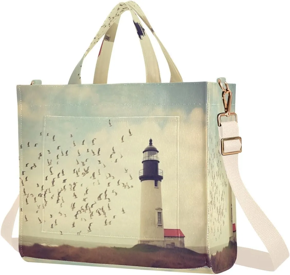 Retro Lighthouse Corduroy Tote Bag for Women Hobo Crossbody Bag Purse Stylish Shoulder Handbag Messenger Bags, S
