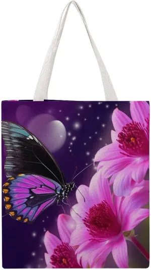 Reusable Grocery Bags Purple Butterfly And Flower Shopping Bag Lightweight Shoulder Bags Large Tote Bag for Travel Work Handbag