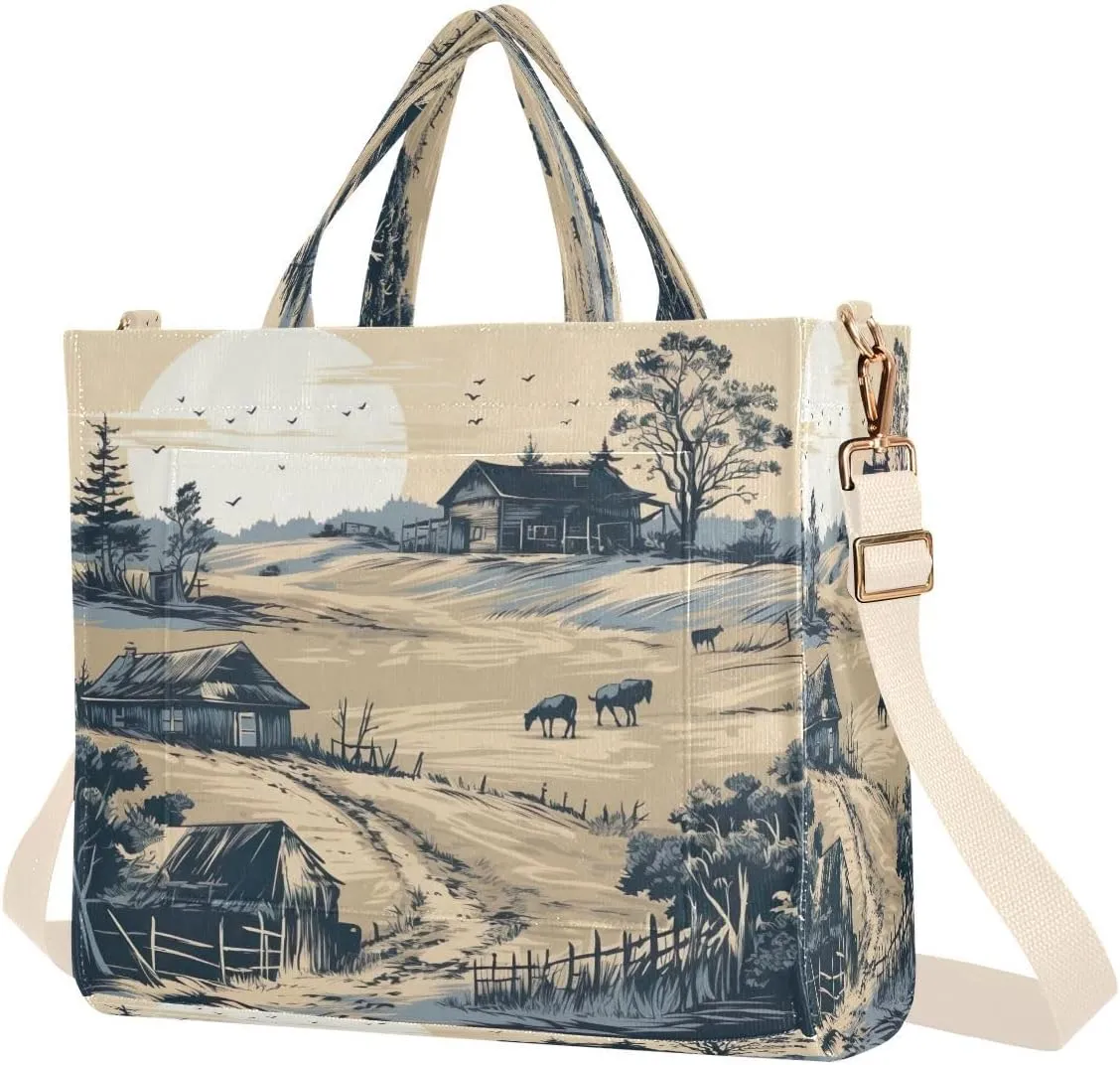 Rural Village Corduroy Tote Bag for Women Hobo Crossbody Bag Purse Stylish Shoulder Handbag Messenger Bags, S