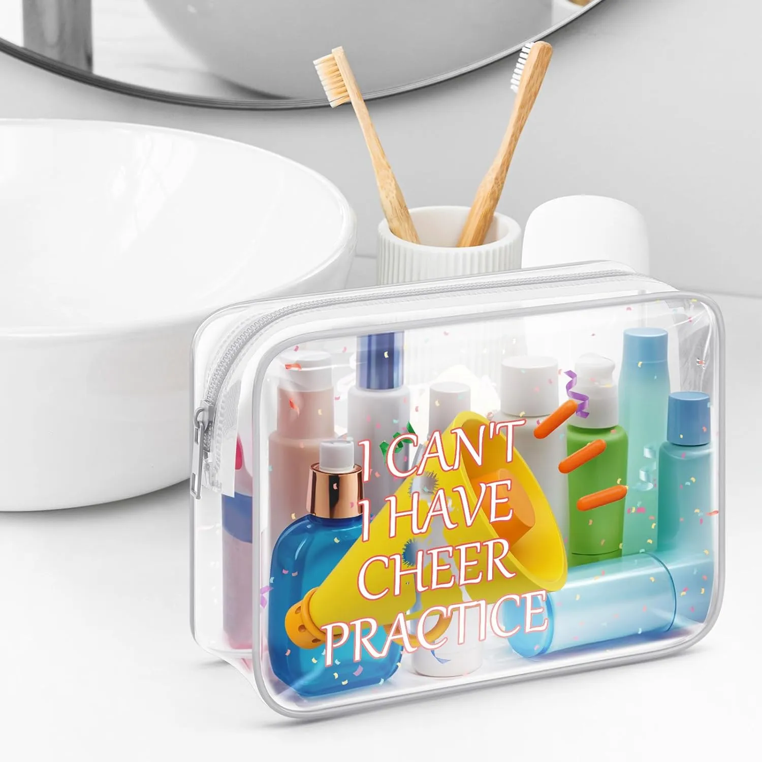 Sazuwu Cheer Gifts for Cheerleaders Clear Makeup Bag Organizer Travel Cheerleading Team Mom Appreciation Gifts Cheerleader Thank You Gift Cosmetic Bag Cheer Themed Birthday Gift for Girls