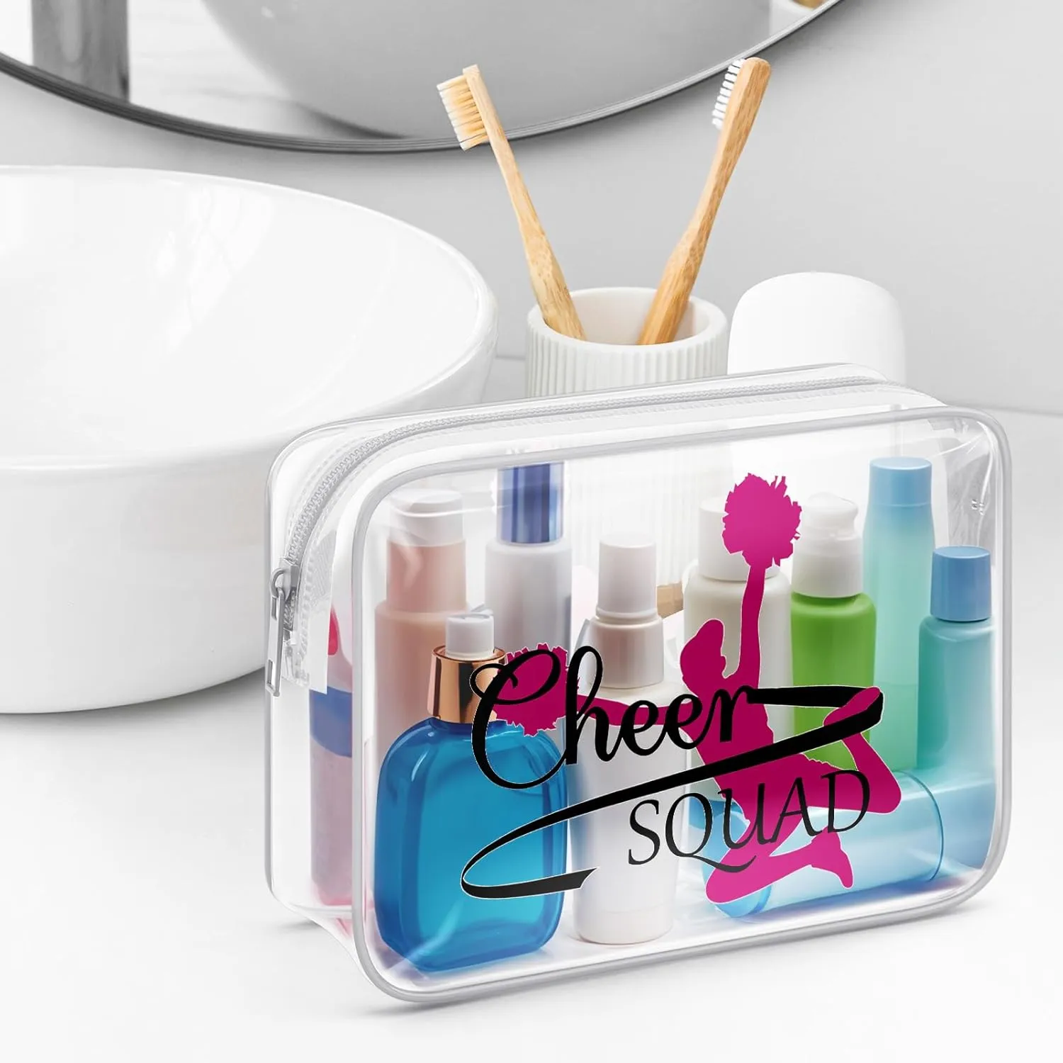 Sazuwu Cheer Gifts for Girls Clear Makeup Bags with Zipper Cheerleader Gifts for Team Cheer Coach Appreciation Gift Cosmetic Travel Bag Organizer Cheerleading Teammates Gift Birthday Christmas Gift