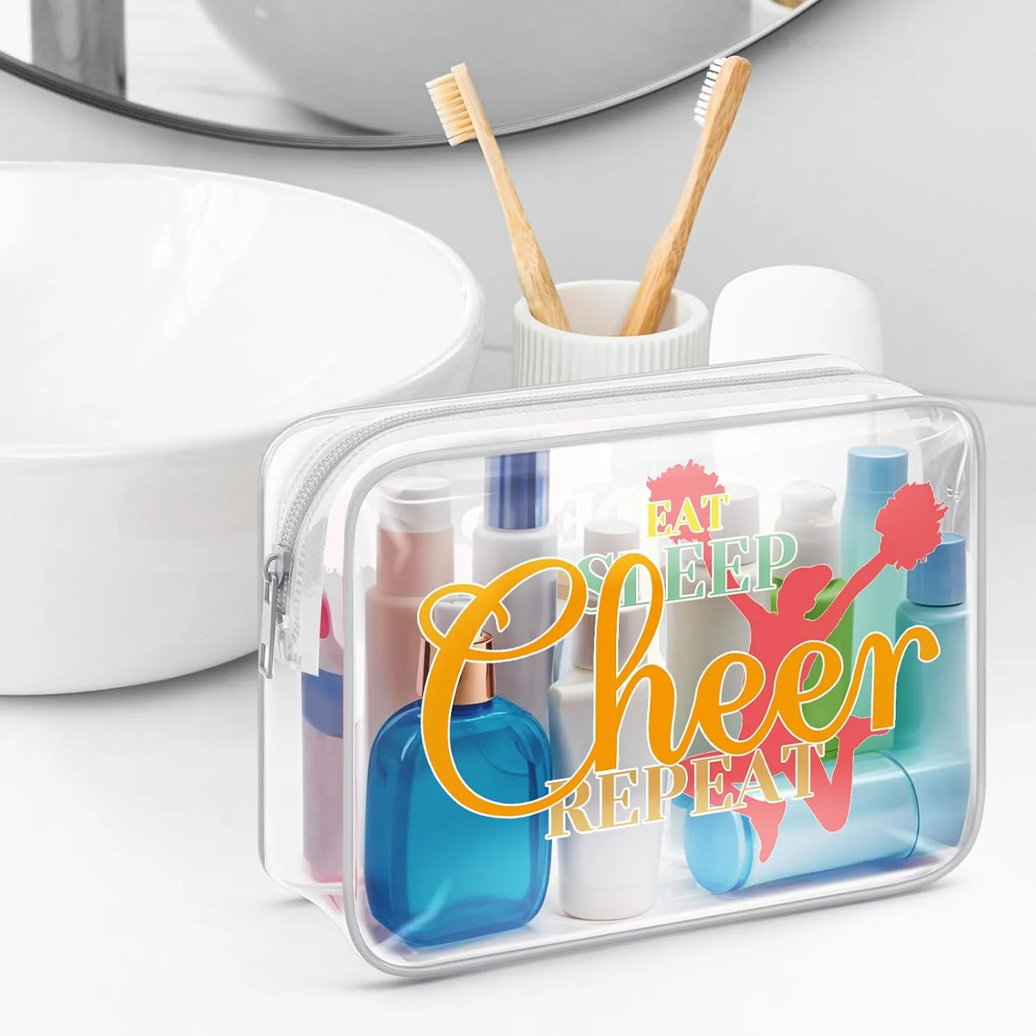 Sazuwu Cheerleader Gifts for Girls Clear Makeup Bags with Zipper Cheerleading Coach Thank You Gifts Cheer Lover Gifts Cosmetic Travel Bag Organizer Cheerleading Team Mom Appreciation Gifts