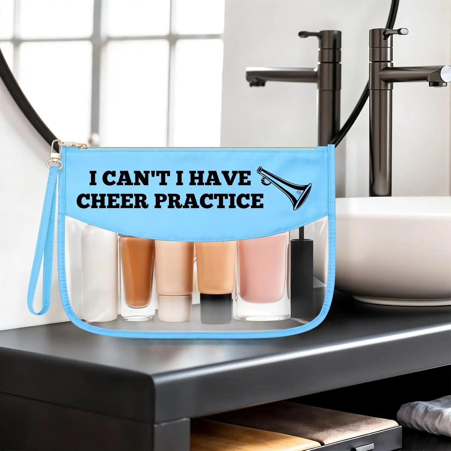 Sazuwu Funny Cheer Gifts Blue Makeup Bags with Zipper Cheerleader Team Gifts for Girls Cheerleading Coach Thank You Gifts Cosmetic Travel Bag Organizer Christmas Graduation Birthday
