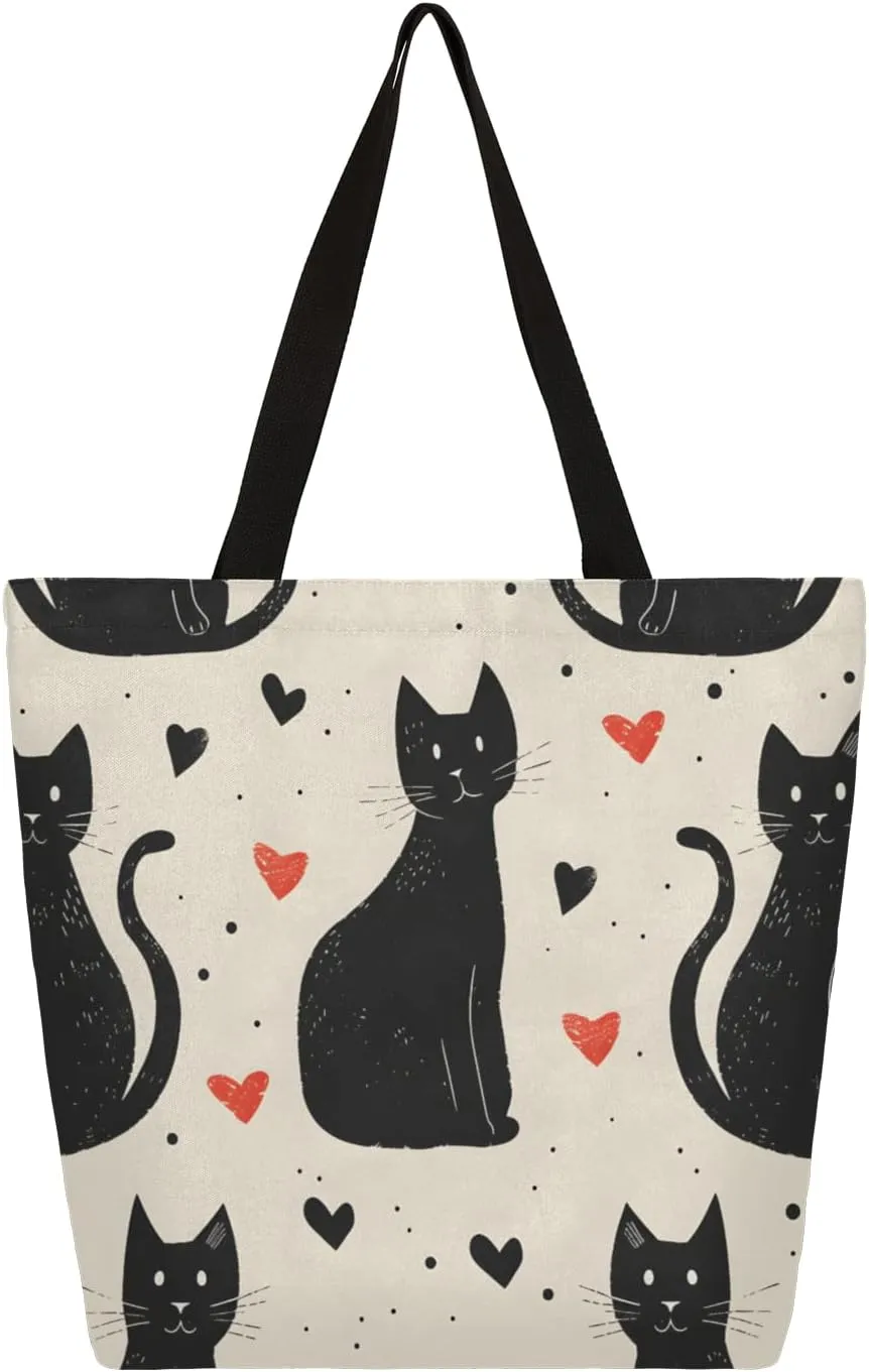 Silhouettes Loving Cats Large Capacity Canvas Tote Bag Stylish Handheld Shoulder Bag Reusable Shopping Bag for Work Travel Beach Trips Shopping