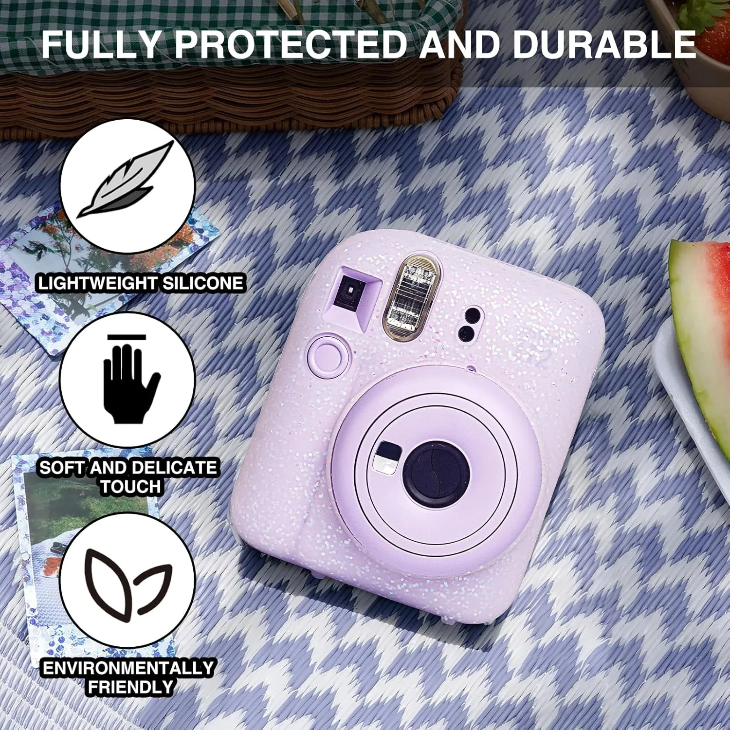 Silicone Case for Fujifilm Mini 12 Instant Camera Protective Camera Case with Adjustable Shoulder Strap - Glitter(No Camera)