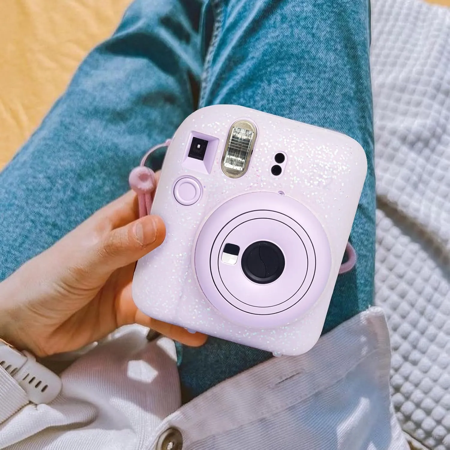 Silicone Case for Fujifilm Mini 12 Instant Camera Protective Camera Case with Adjustable Shoulder Strap - Glitter(No Camera)