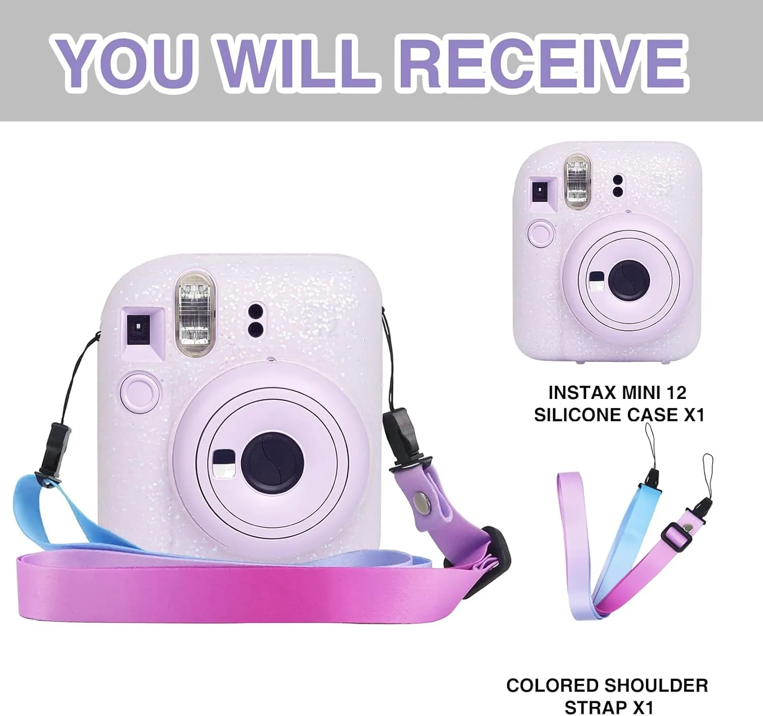 Silicone Case for Fujifilm Mini 12 Instant Camera Protective Camera Case with Adjustable Shoulder Strap - Glitter(No Camera)