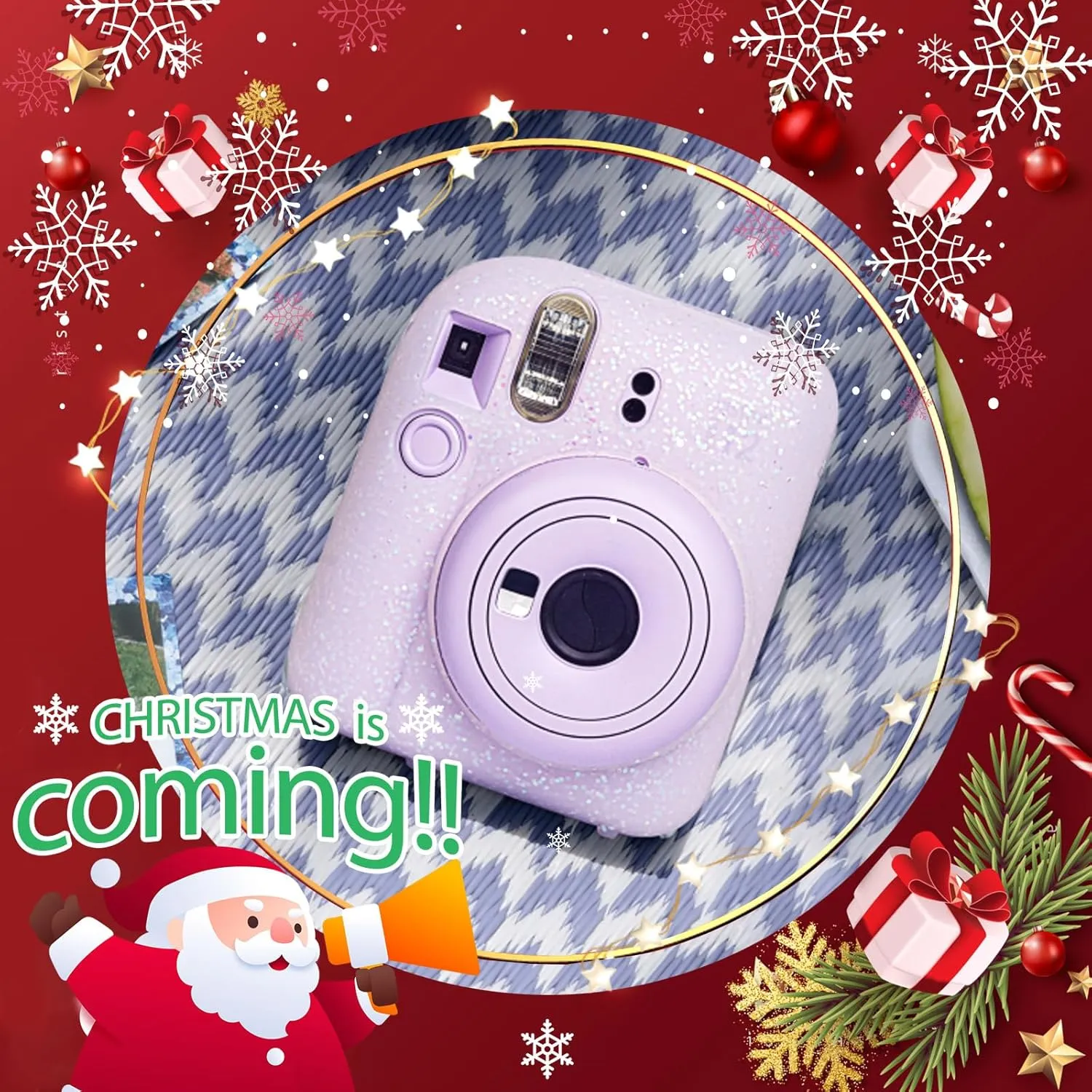 Silicone Case for Fujifilm Mini 12 Instant Camera Protective Camera Case with Adjustable Shoulder Strap - Glitter(No Camera)