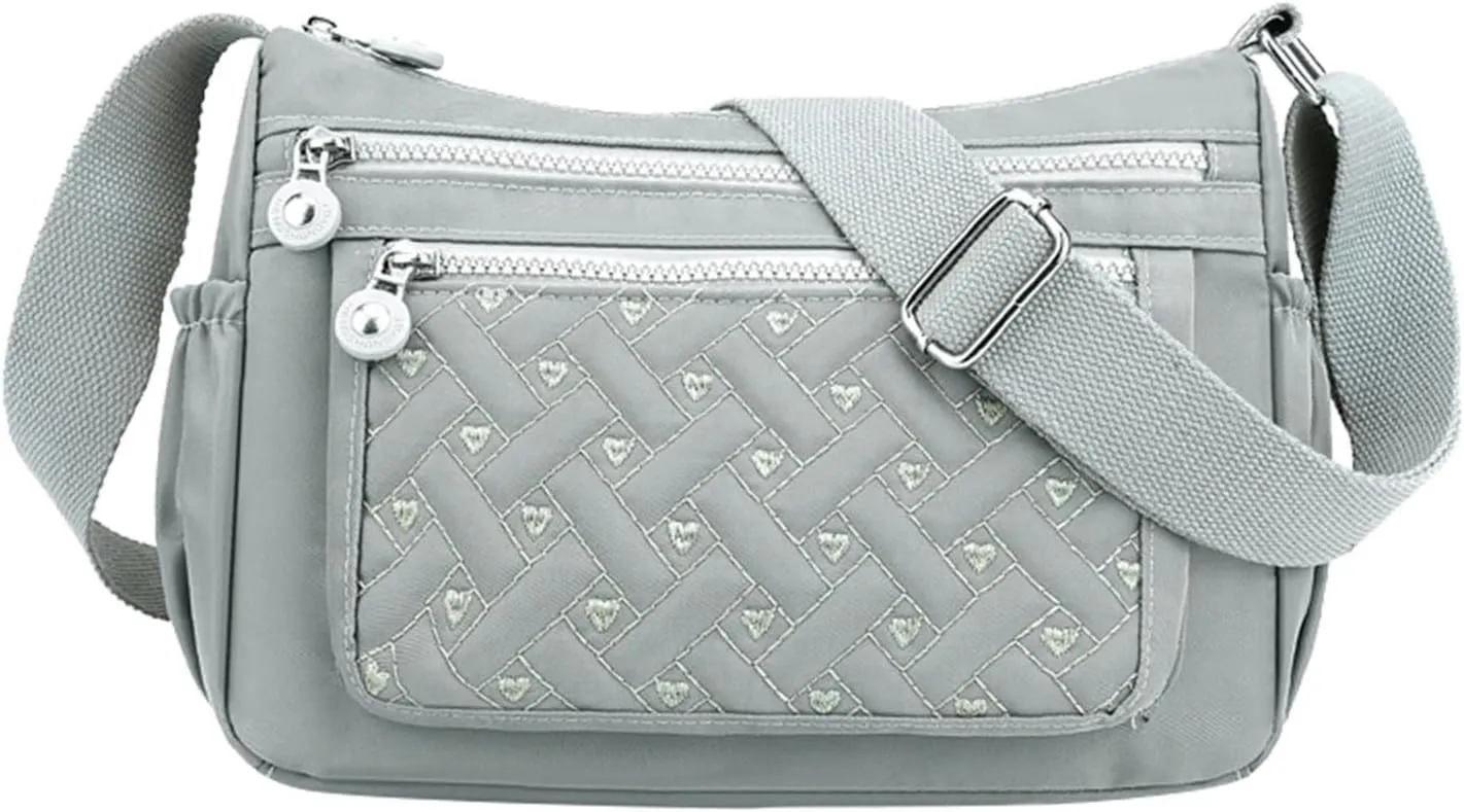 Single Shoulder Women's Bag New Nylon Embroidery Line Bag Canvas Lady's Body Cloth Bags Large (Light Gray, One Size)
