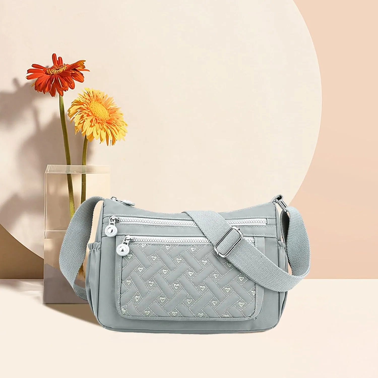 Single Shoulder Women's Bag New Nylon Embroidery Line Bag Canvas Lady's Body Cloth Bags Large (Light Gray, One Size)
