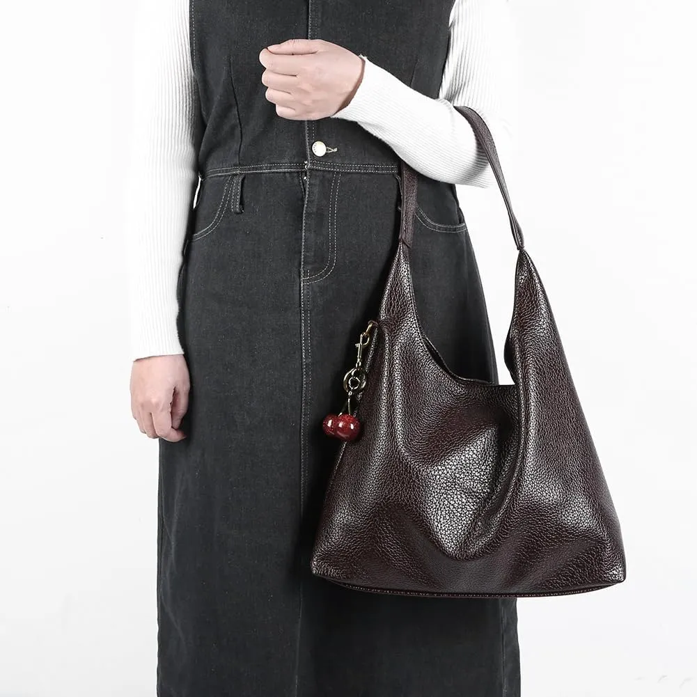 Slouchy Hobo Bags for Women, Large Capacity PU Leather Soft Commuting Bag with Cherry Pendant Stylish Top Handle Bag