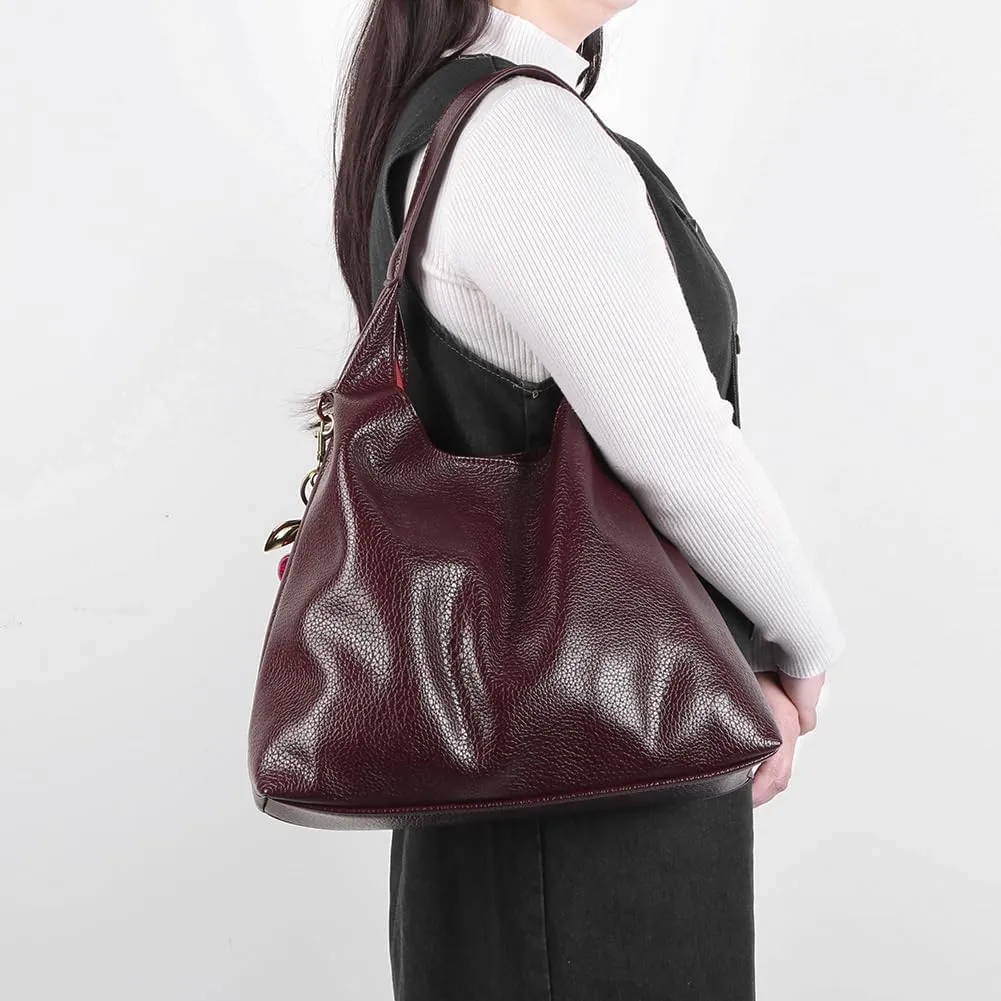 Slouchy Hobo Bags for Women, Large Capacity PU Leather Soft Commuting Bag with Cherry Pendant Stylish Top Handle Bag
