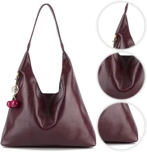 Slouchy Hobo Bags for Women, Large Capacity PU Leather Soft Commuting Bag with Cherry Pendant Stylish Top Handle Bag