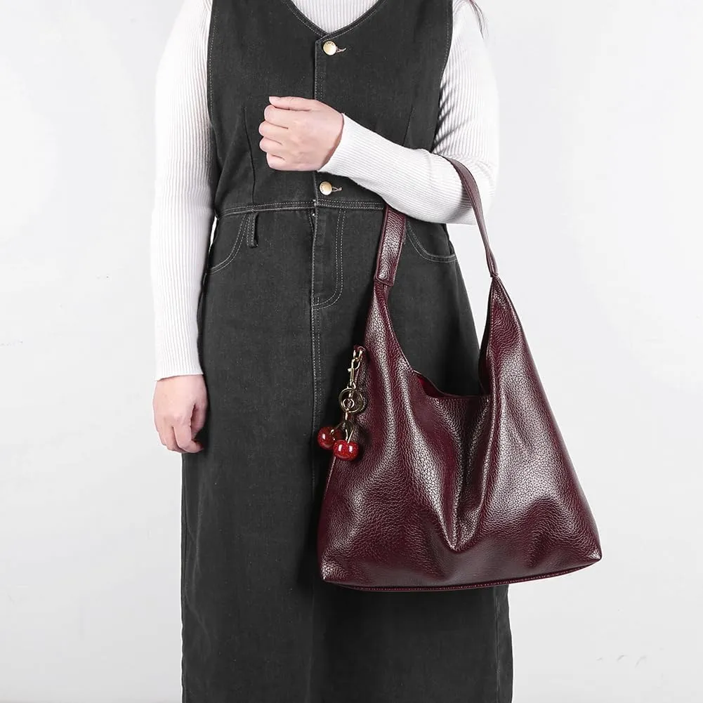 Slouchy Hobo Bags for Women, Large Capacity PU Leather Soft Commuting Bag with Cherry Pendant Stylish Top Handle Bag