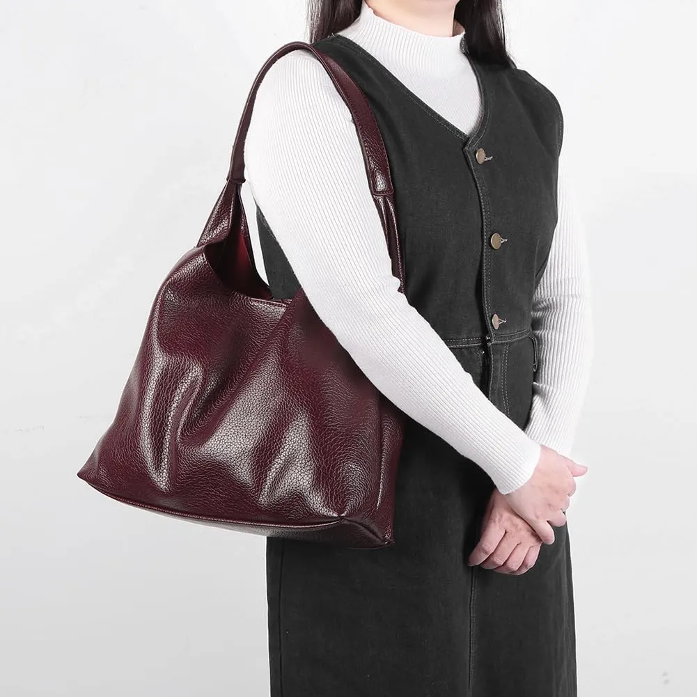 Slouchy Hobo Bags for Women, Large Capacity PU Leather Soft Commuting Bag with Cherry Pendant Stylish Top Handle Bag