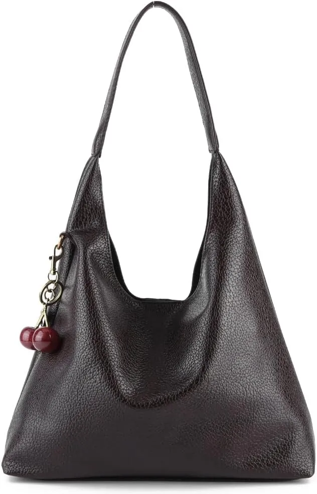 Slouchy Hobo Bags for Women, Large Capacity PU Leather Soft Commuting Bag with Cherry Pendant Stylish Top Handle Bag