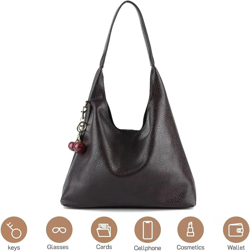 Slouchy Hobo Bags for Women, Large Capacity PU Leather Soft Commuting Bag with Cherry Pendant Stylish Top Handle Bag