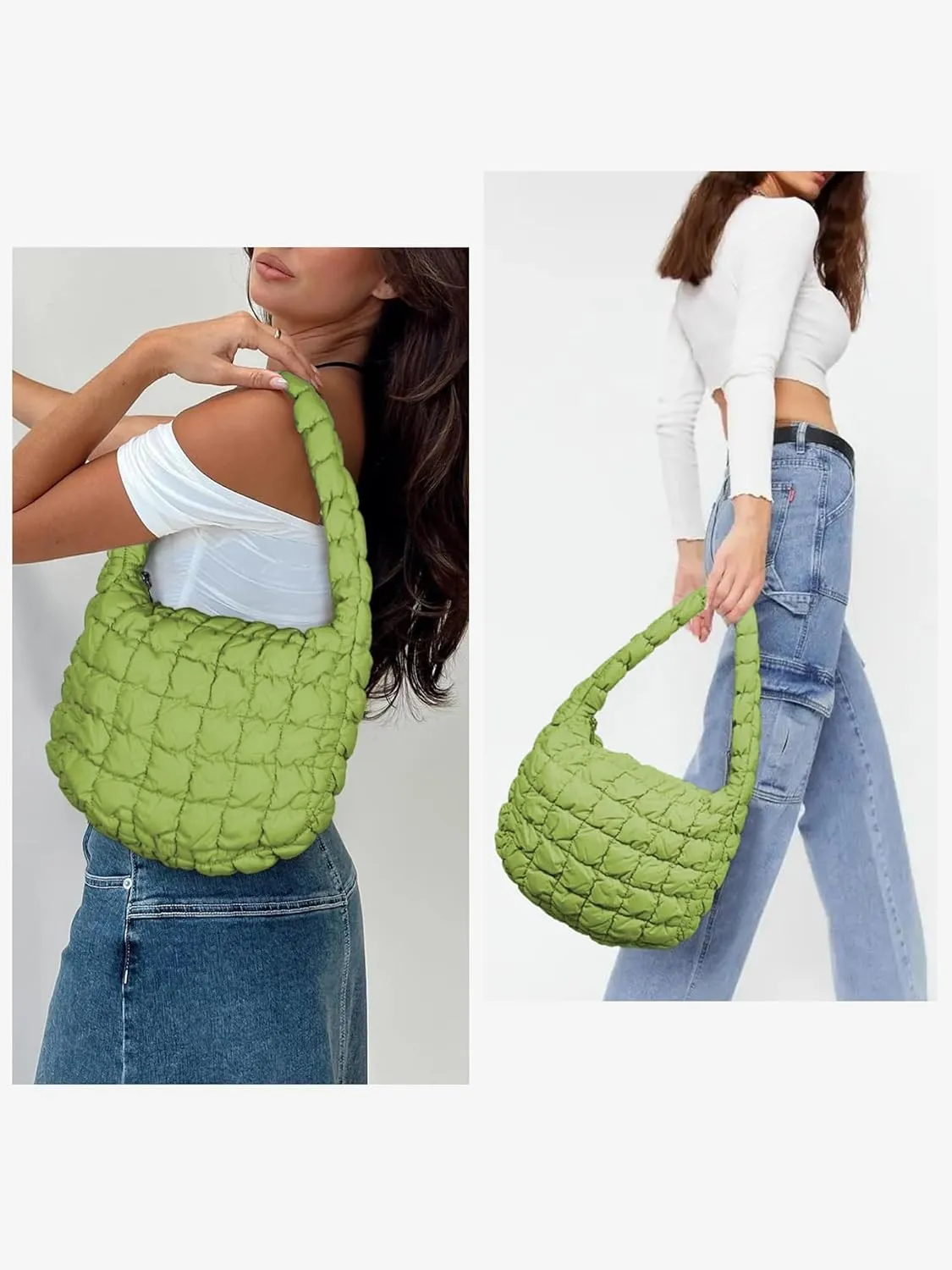 Small Puffer Quilted Shoulder Bag for Women Puffy Bubble Tote Bag Lightweight Nylon Handbag Padded Soft Purse
