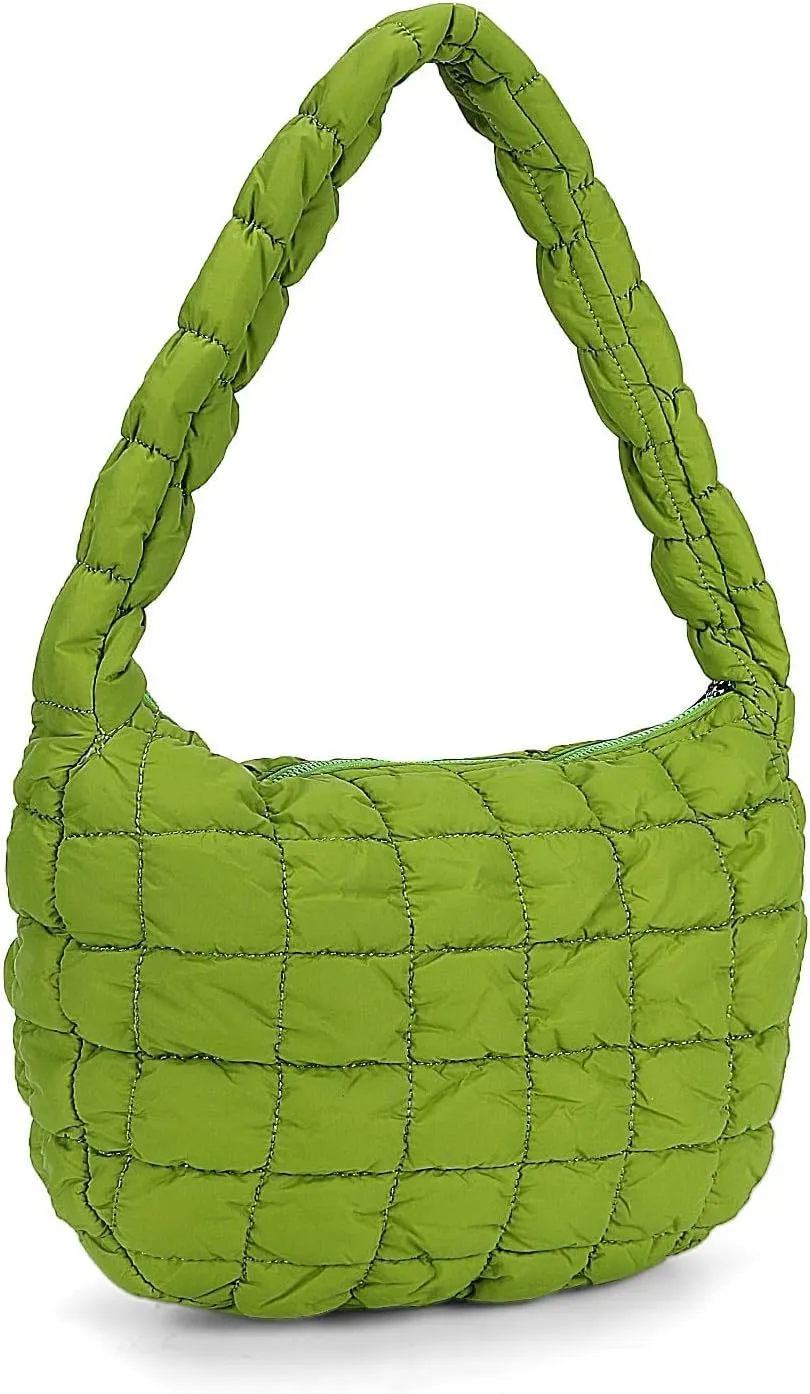 Small Puffer Quilted Shoulder Bag for Women Puffy Bubble Tote Bag Lightweight Nylon Handbag Padded Soft Purse