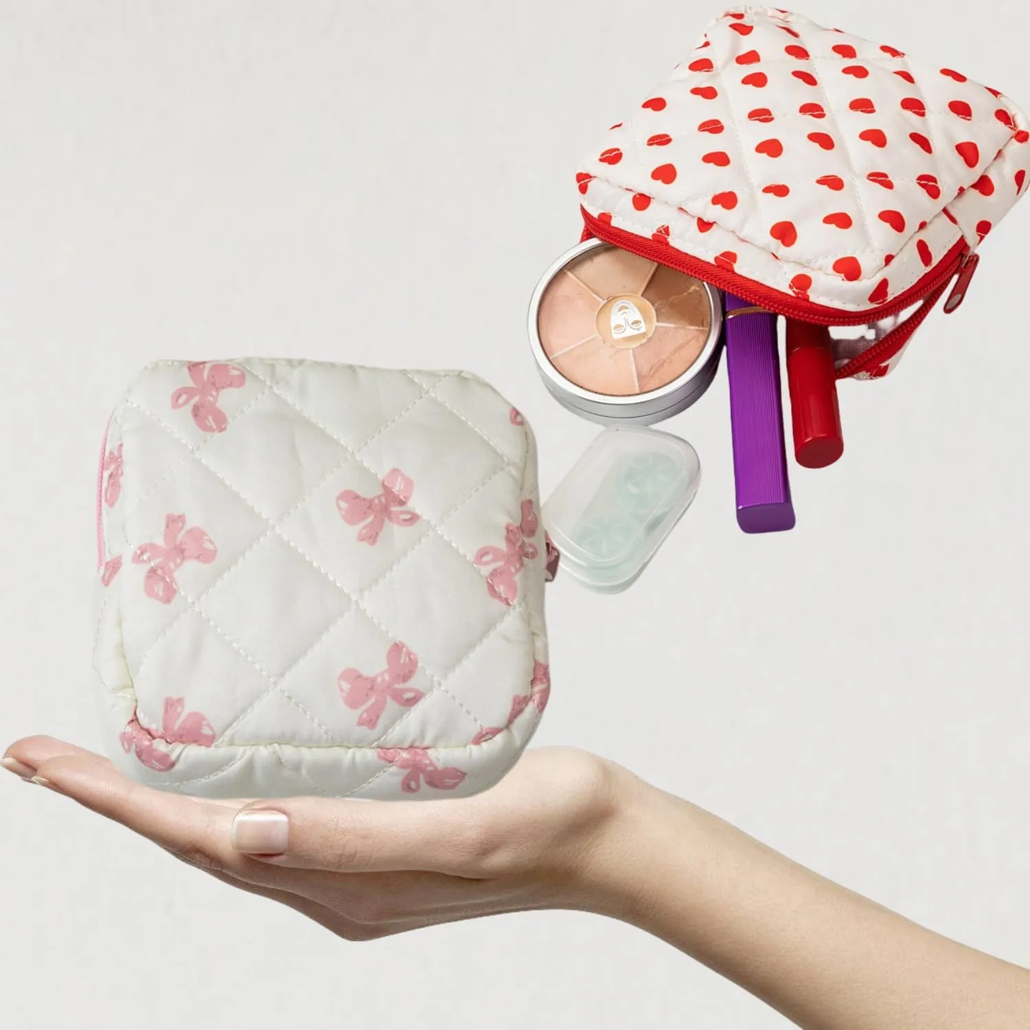 Small Quilted Makeup Bag for Purse, Mini Coquette Aesthetic Travel Bag Cute Cosmetic Pouch with Inner Pockets Bowknot Toiletry Organizer Storage Case (Pink)