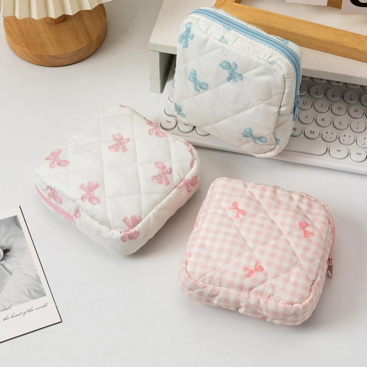 Small Quilted Makeup Bag for Purse, Mini Coquette Aesthetic Travel Bag Cute Cosmetic Pouch with Inner Pockets Bowknot Toiletry Organizer Storage Case (Pink)