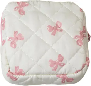 Small Quilted Makeup Bag for Purse, Mini Coquette Aesthetic Travel Bag Cute Cosmetic Pouch with Inner Pockets Bowknot Toiletry Organizer Storage Case (Pink)