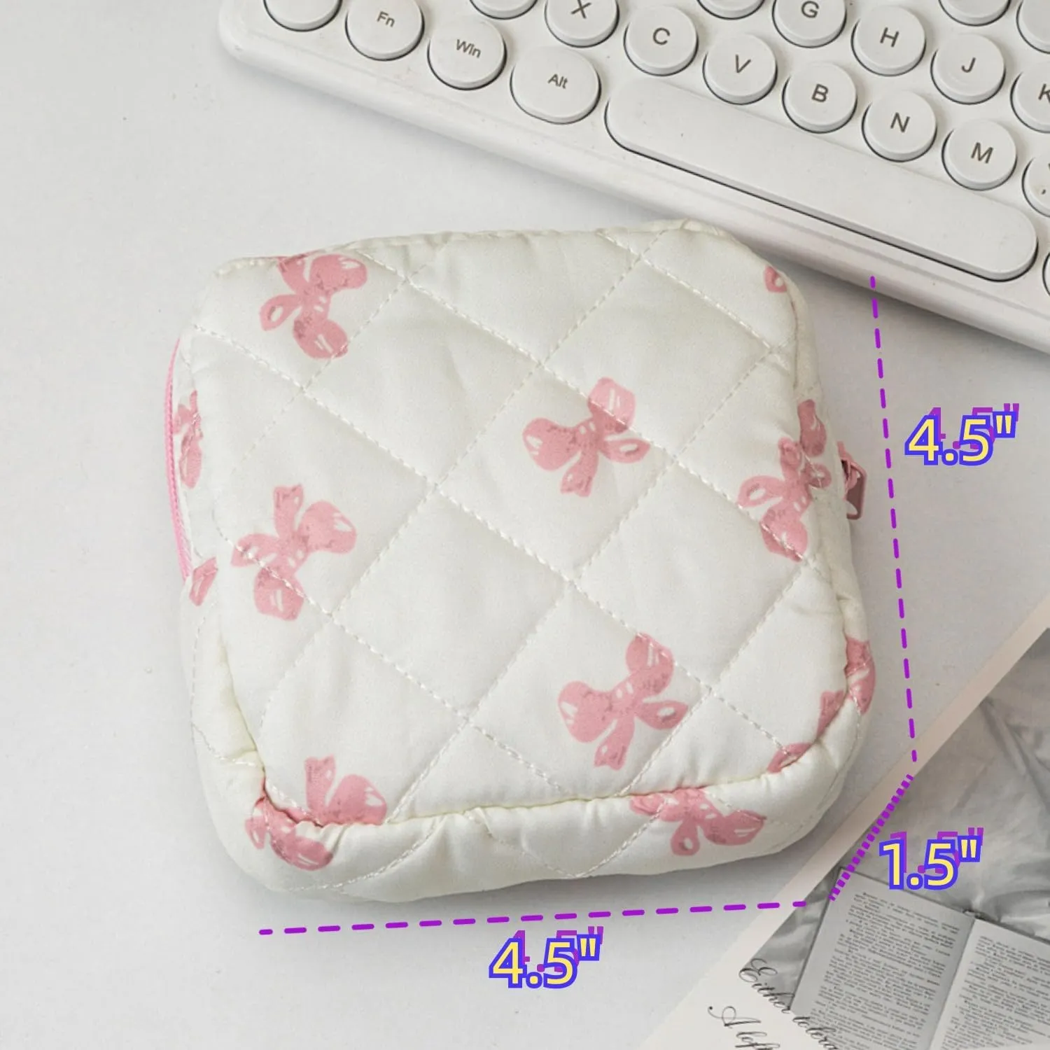 Small Quilted Makeup Bag for Purse, Mini Coquette Aesthetic Travel Bag Cute Cosmetic Pouch with Inner Pockets Bowknot Toiletry Organizer Storage Case (Pink)