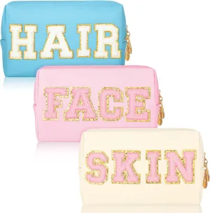 Sotiff 3 Pcs Preppy Patch Makeup Bag Chenille Letter Cosmetic Bag Waterproof Toiletry Bag Portable Makeup Organizer Zipper Cosmetic Pouch for Women(8.3 x 2.4 x 5.3 Inch,Fresh Style)