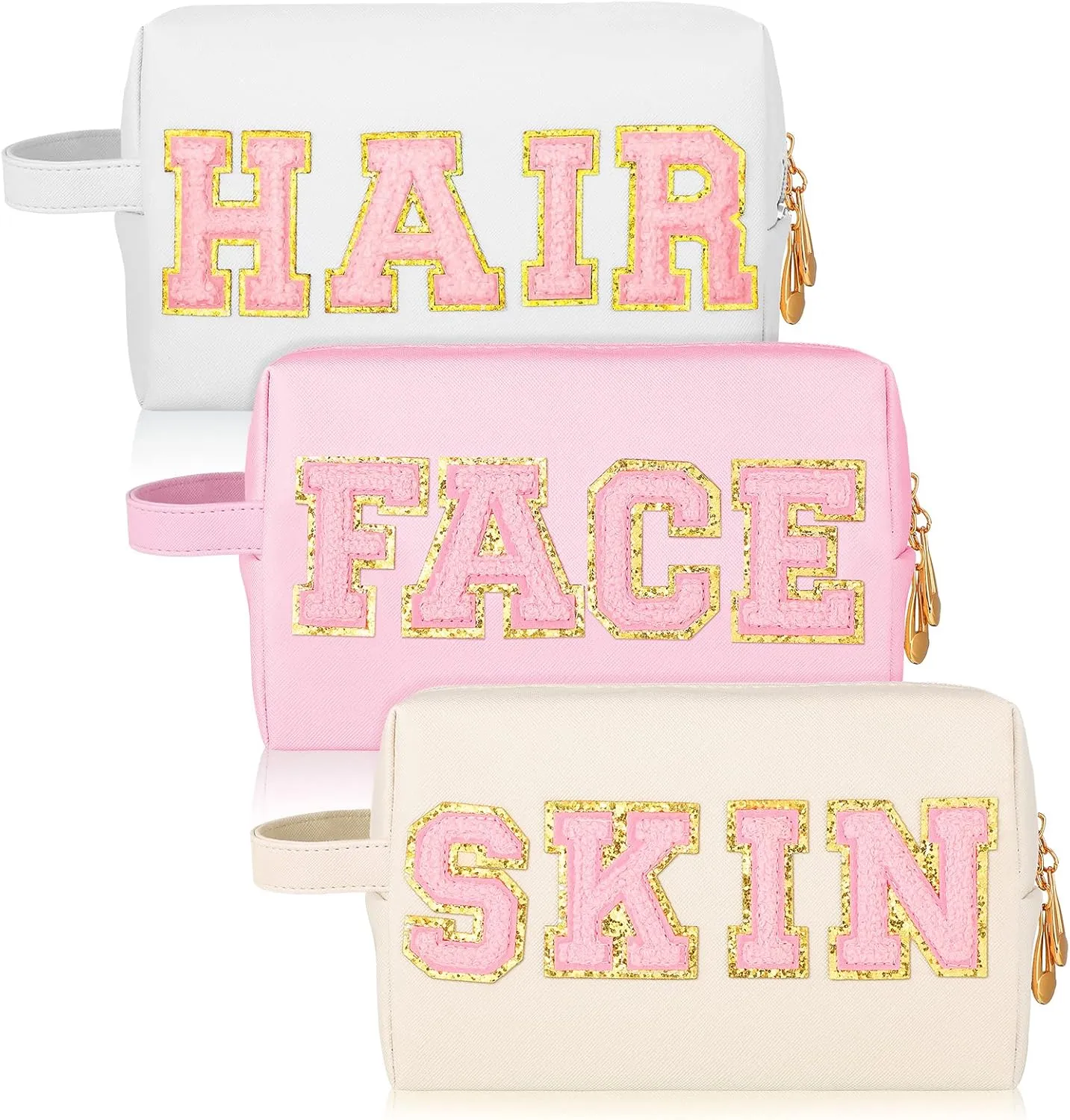 Sotiff 3 Pcs Preppy Patch Makeup Bag Hair Face Skin Cosmetic Bag Travel Toiletry Bag for Women Chenille Letters Patch Bag with Handle Waterproof Portable Preppy Purse Zipper Pouch for Girls