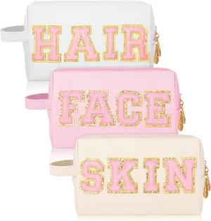 Sotiff 3 Pcs Preppy Patch Makeup Bag Hair Face Skin Cosmetic Bag Travel Toiletry Bag for Women Chenille Letters Patch Bag with Handle Waterproof Portable Preppy Purse Zipper Pouch for Girls