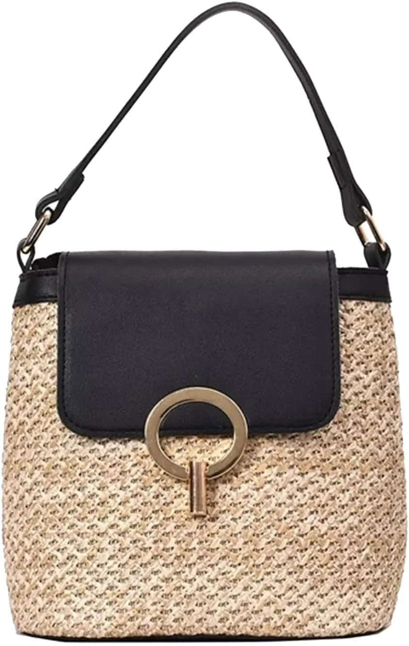 Straw Weave Women Ladies Bucket Handbags Summer Beach Shoulder Bags Mini Messenger Bag for s Canvas (A, One Size)