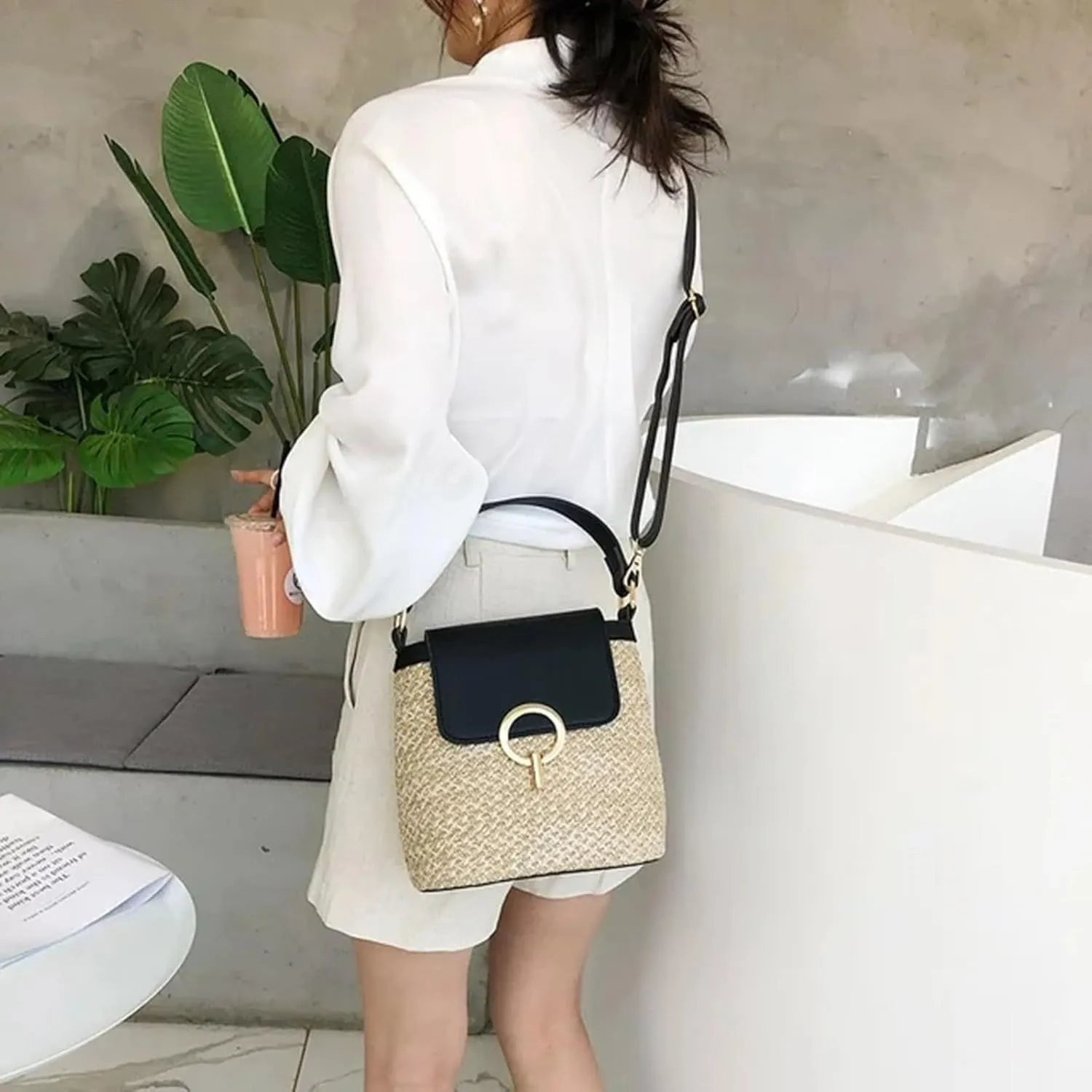 Straw Weave Women Ladies Bucket Handbags Summer Beach Shoulder Bags Mini Messenger Bag for s Canvas (A, One Size)
