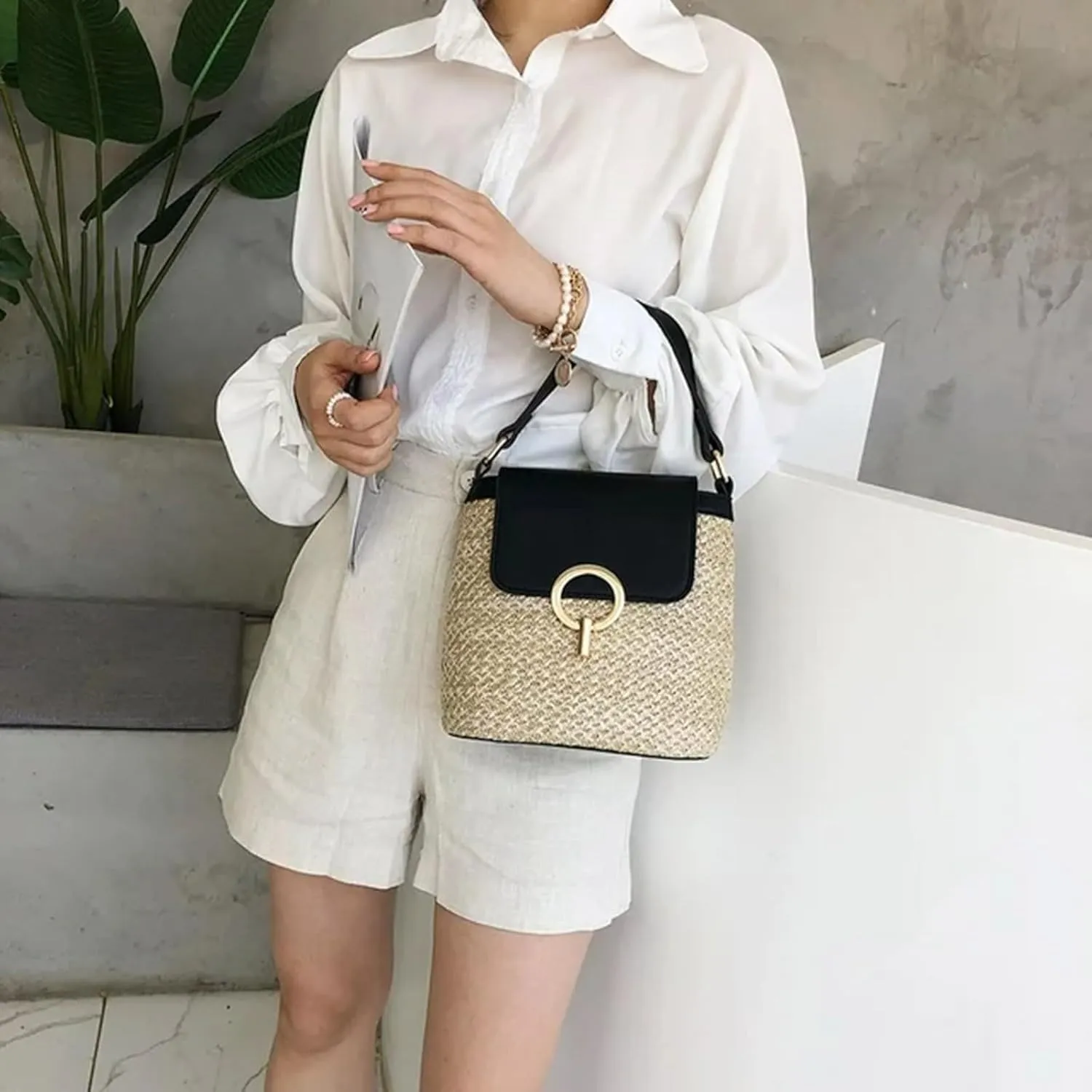 Straw Weave Women Ladies Bucket Handbags Summer Beach Shoulder Bags Mini Messenger Bag for s Canvas (A, One Size)