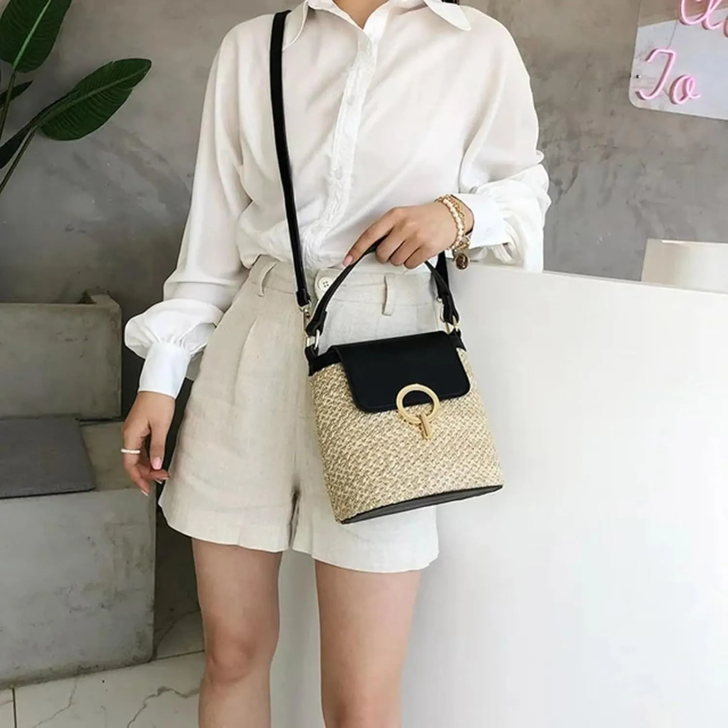 Straw Weave Women Ladies Bucket Handbags Summer Beach Shoulder Bags Mini Messenger Bag for s Canvas (A, One Size)