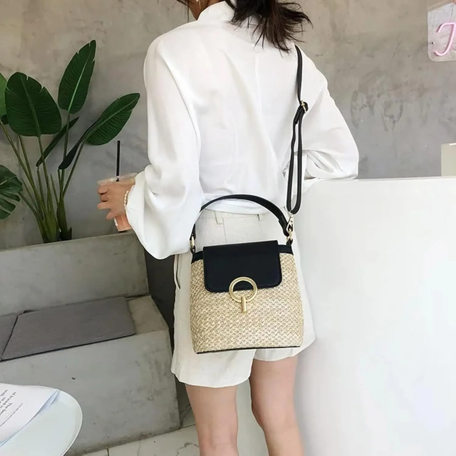 Straw Weave Women Ladies Bucket Handbags Summer Beach Shoulder Bags Mini Messenger Bag for s Canvas (A, One Size)