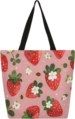Strawberries Flowers Watercolours Large Capacity Canvas Tote Bag Stylish Handheld Shoulder Bag Reusable Shopping Bag for Work Travel Beach Trips Shopping