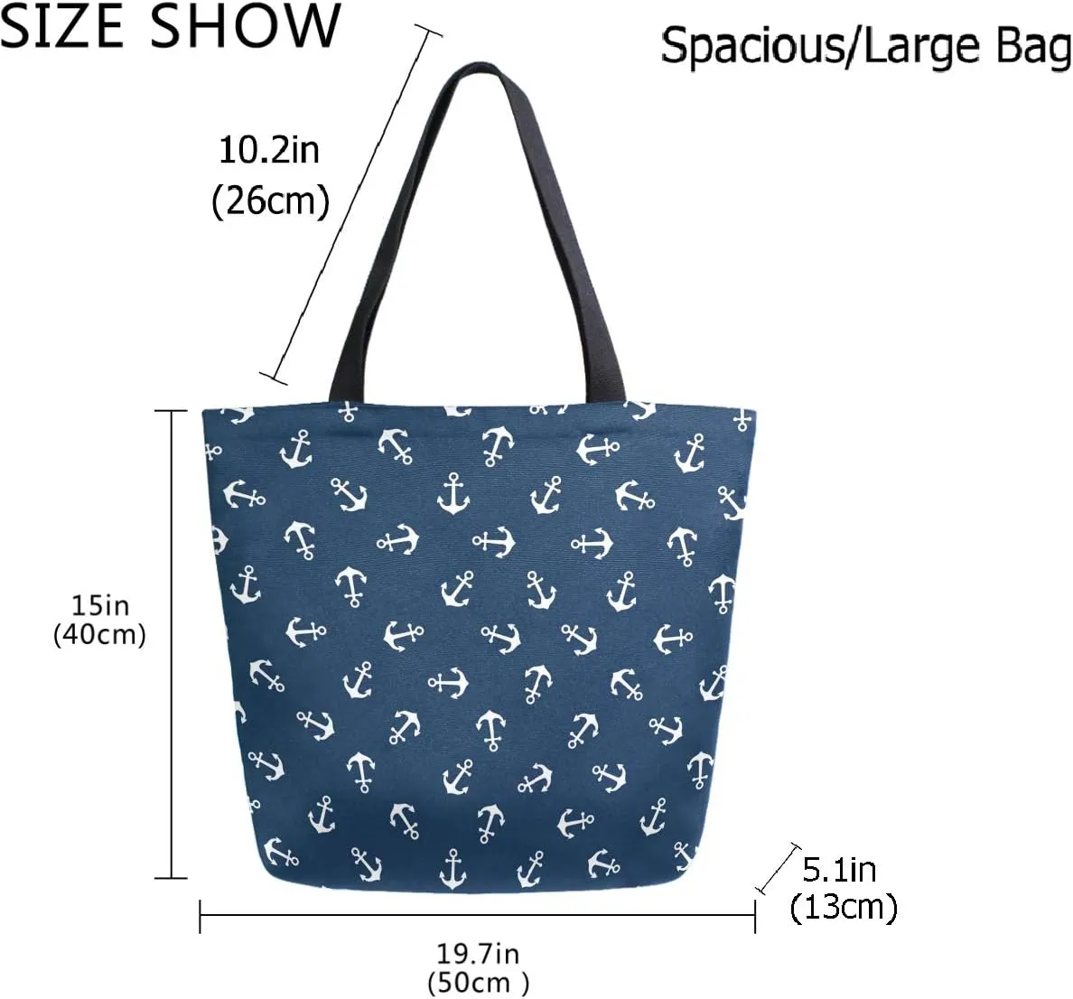 Stylish Nautical Anchors Pattern Extra Large Canvas Beach Travel Reusable Grocery Shopping Tote Bag Portable Storage HandBag,Navy Blue