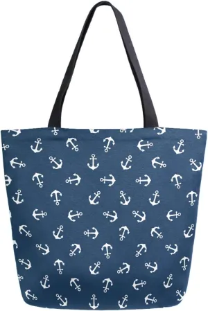 Stylish Nautical Anchors Pattern Extra Large Canvas Beach Travel Reusable Grocery Shopping Tote Bag Portable Storage HandBag,Navy Blue