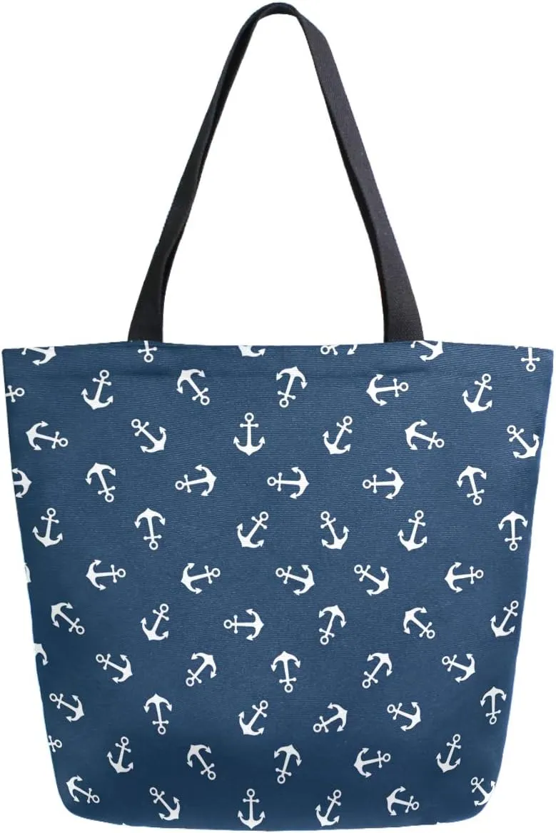 Stylish Nautical Anchors Pattern Extra Large Canvas Beach Travel Reusable Grocery Shopping Tote Bag Portable Storage HandBag,Navy Blue
