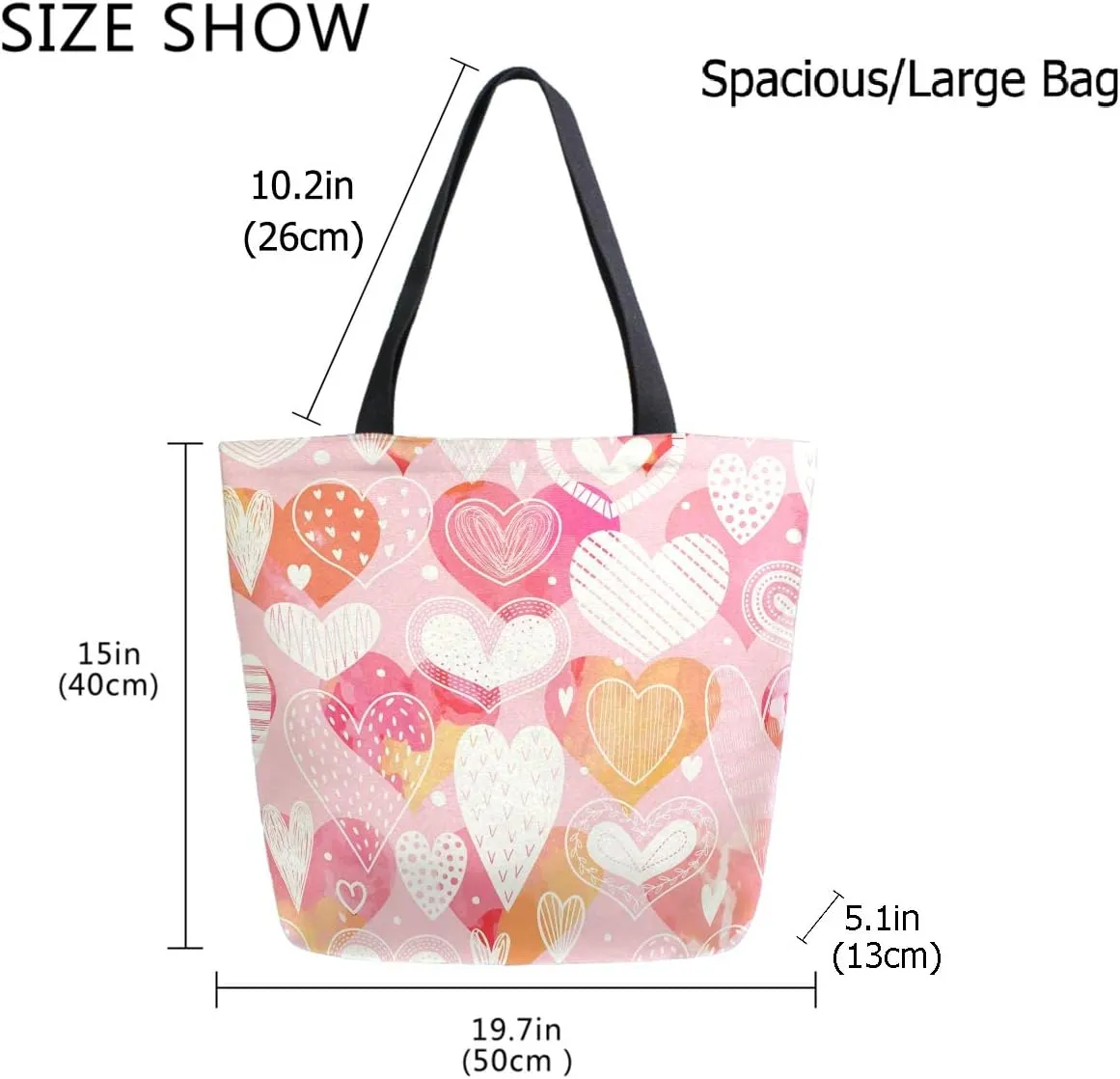 Stylish Sweet Hearts Pattern Extra Large Canvas Shoulder Tote Top Handle Bag for Gym Beach Weekender Travel Shopping